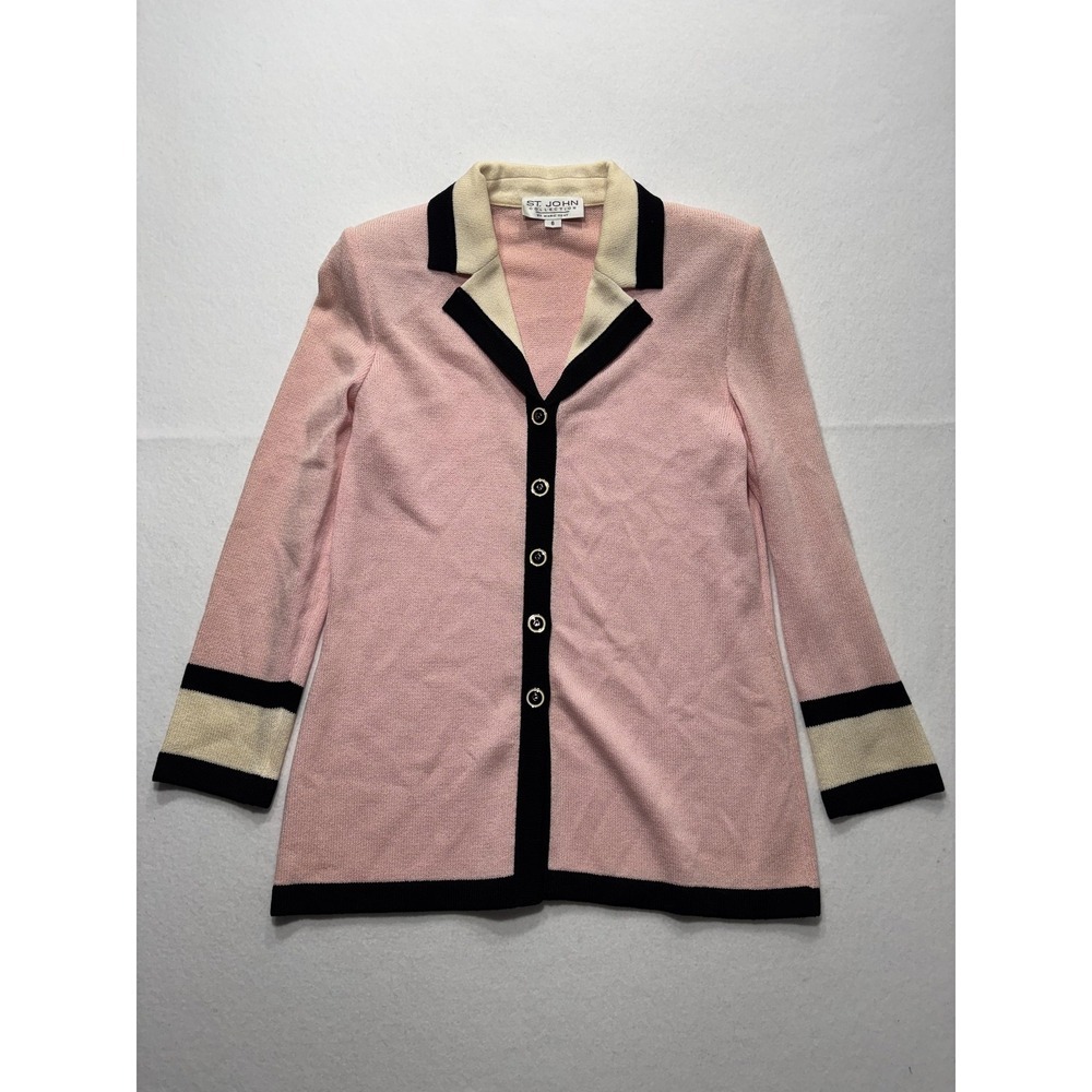 St. John Sweater Womens 6 Pink Collared Button Front Long Knit Cardigan